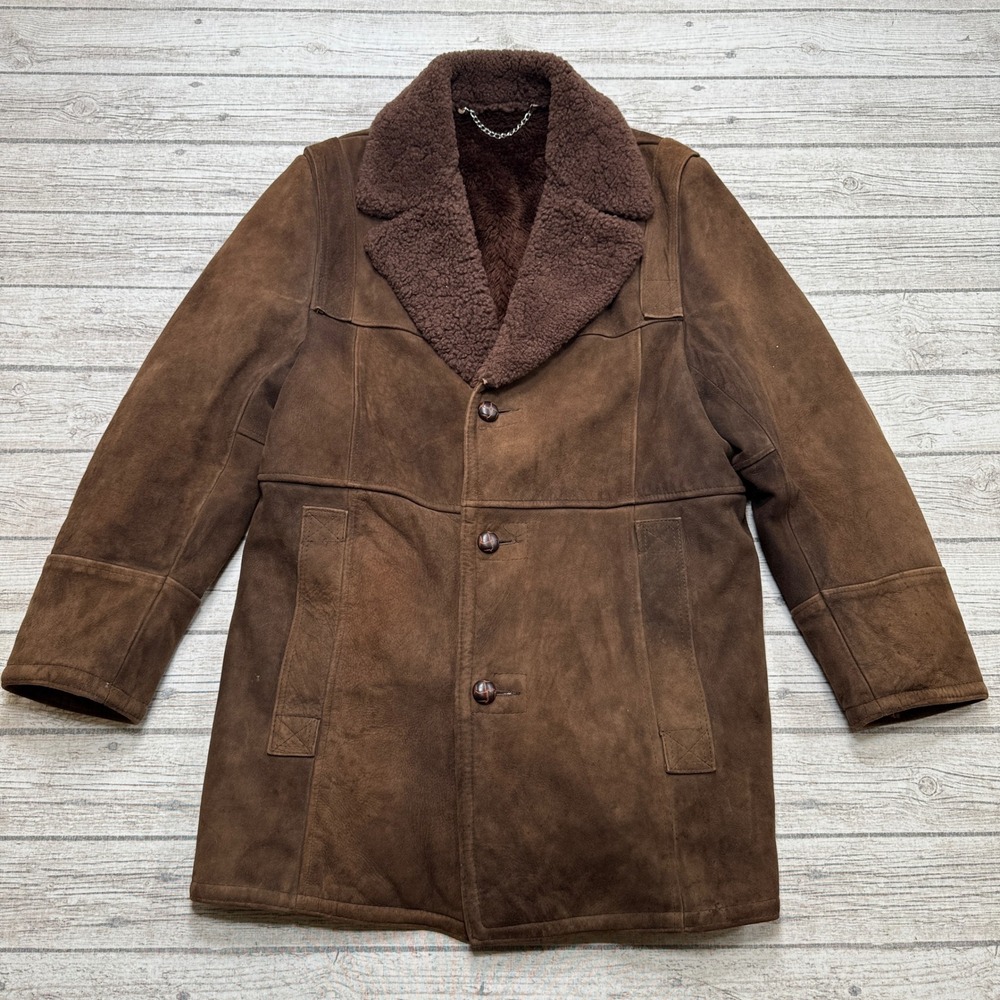 Vintage London Fog Coat Men's XL Brown Lambskin Sherling Suede Leather Chore